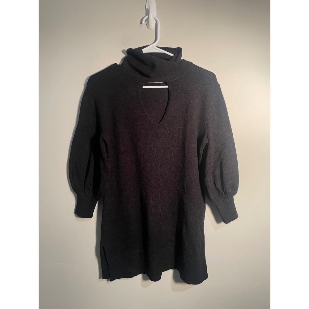 Anthropologie Black Keyhole Turtleneck Puff Sleeve Sweater Size XS Classic Knit